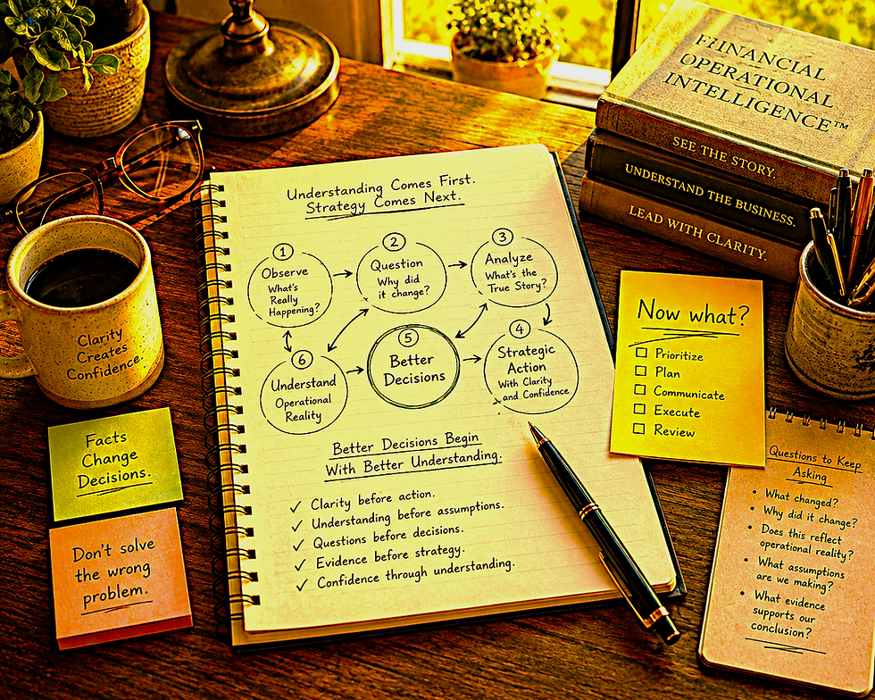 Warm editorial workspace featuring an open notebook connecting observation, questioning, understanding, and strategic action, with coffee, books, sticky notes, and a fountain pen illustrating how Financial Operational Intelligence™ transforms understanding into better business decisions.
