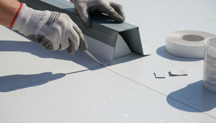 Close-up view of a roof technician checking a flat roof seam with a flat roof probe