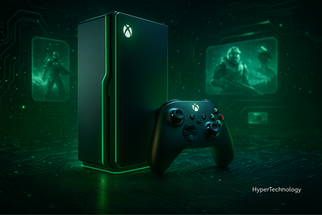 Ilustração conceitual futurista de um possível design para o próximo console Xbox, com linhas high-tech, detalhes em verde neon e elementos holográficos, sobre fundo escuro com partículas de luz.