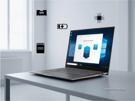 Imagem de um notebook moderno, aberto sobre uma mesa minimalista em um ambiente vazio e iluminado. Na tela do notebook, há uma interface com elementos gráficos tecnológicos. Ao redor do notebook, Ãcones representando RAM, SSD, bateria e processador destacam os principais componentes para um bom desempenho. No canto inferior direito, a marca "HyperTechnology" está visÃvel.