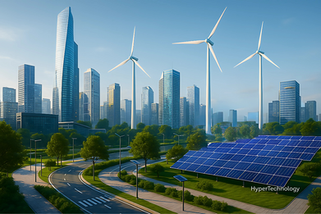 Paisagem urbana futurista com edifícios inteligentes, turbinas eólicas e painéis solares representando cidade sustentável, energia renovável e tecnologia limpa. Marca "HyperTechnology" visível no canto inferior direito.