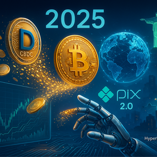Capa do artigo sobre dinheiro digital em 2025, com elementos futuristas: moeda CBDC, símbolo do Bitcoin (1B), logotipo do Pix e título 'HyperTechnology' em fundo tecnológico azul e roxo. Representa a evolução das finanças digitais.