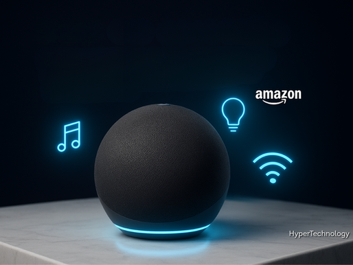 Capa do artigo sobre o Echo Dot 5ª geração: smart speaker preto da Amazon em fundo futurista com elementos de tecnologia (notas musicais, lâmpada inteligente e conexão Wi-Fi). TÃtulo 'HyperTechnology' em destaque.