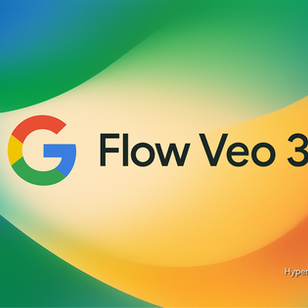 Imagem futurista mostrando o logo 'Flow Veo 3' em estilo tecnológico avançado, com efeitos holográficos e partículas digitais azuis. Textos 'G' estilizado e 'HyperTechnology' aparecem em destaque com iluminação neon. Fundo escuro com elementos de circuitos e dados digitais flutuantes, representando tecnologia de ponta em inteligência artificial e geração de vídeos.