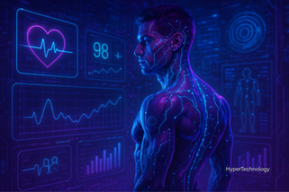Homem com circuitos digitais sobre a pele em ambiente futurista, representando a fusão entre corpo humano e tecnologia, com gráficos de saúde e dados biométricos ao fundo. Tema de biohacking e aprimoramento humano.