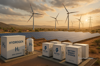 Paisagem ao entardecer mostra turbinas eólicas, painéis solares, contêineres de baterias de estado sólido e unidade de hidrogênio verde em uma área rural do Brasil, com torres de energia ao fundo, representando as novas tecnologias da Energia Verde 2.0.
