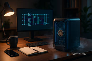 Renderização realista de um computador quântico doméstico em uma mesa de escritório moderno, com detalhes de refrigeração azulada e componentes transparentes, representando a futura computação quântica acessível.