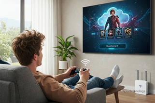 Ilustração futurista com o título 'Cloud Gaming?' em destaque, sobre fundo tecnológico com elementos abstratos de rede, nuvens digitais e controle flutuante. Logotipo HyperTechnology no canto inferior direito.