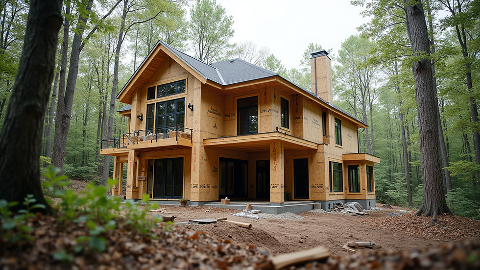 Eye-level view of a modern custom home under construction in a wooded area