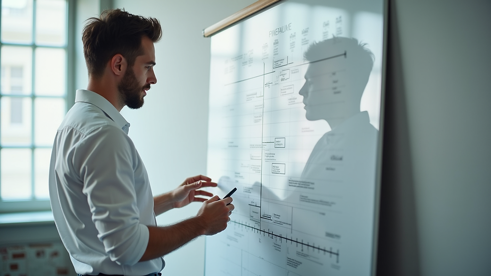Eye-level view of a project manager reviewing a project timeline on a whiteboard