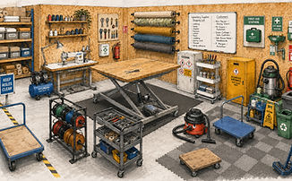 AI generated image showing an upholstery workshop layout