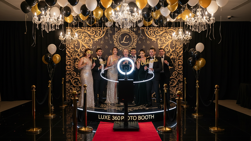 Eye-level view of a sleek 360-degree photo booth setup at a luxury event