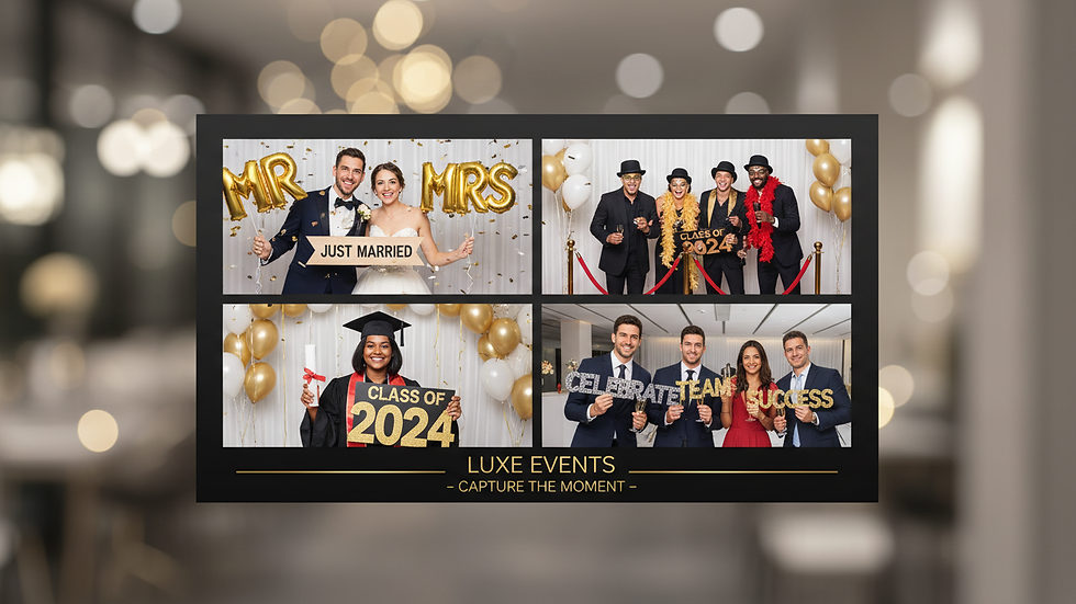 Close-up view of a photo strip with wedding-themed props