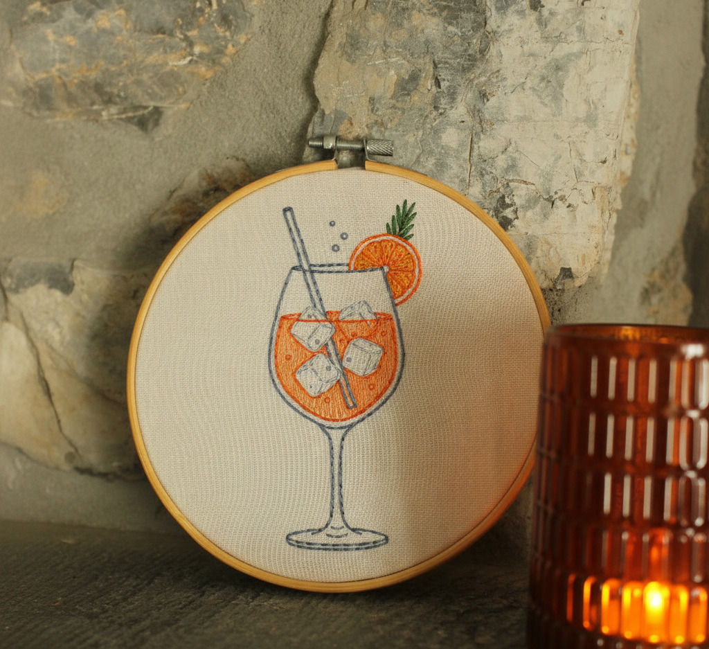 Cadre de broderie rond en bois représentant un cocktail spritz avec tranche d’orange et glaçons, posé sur une étagère à côté