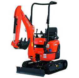 Red micro digger with black bucket and cab details
