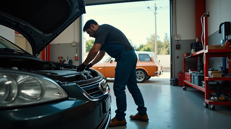 Eye-level view of a mechanic working on a car in a driveway