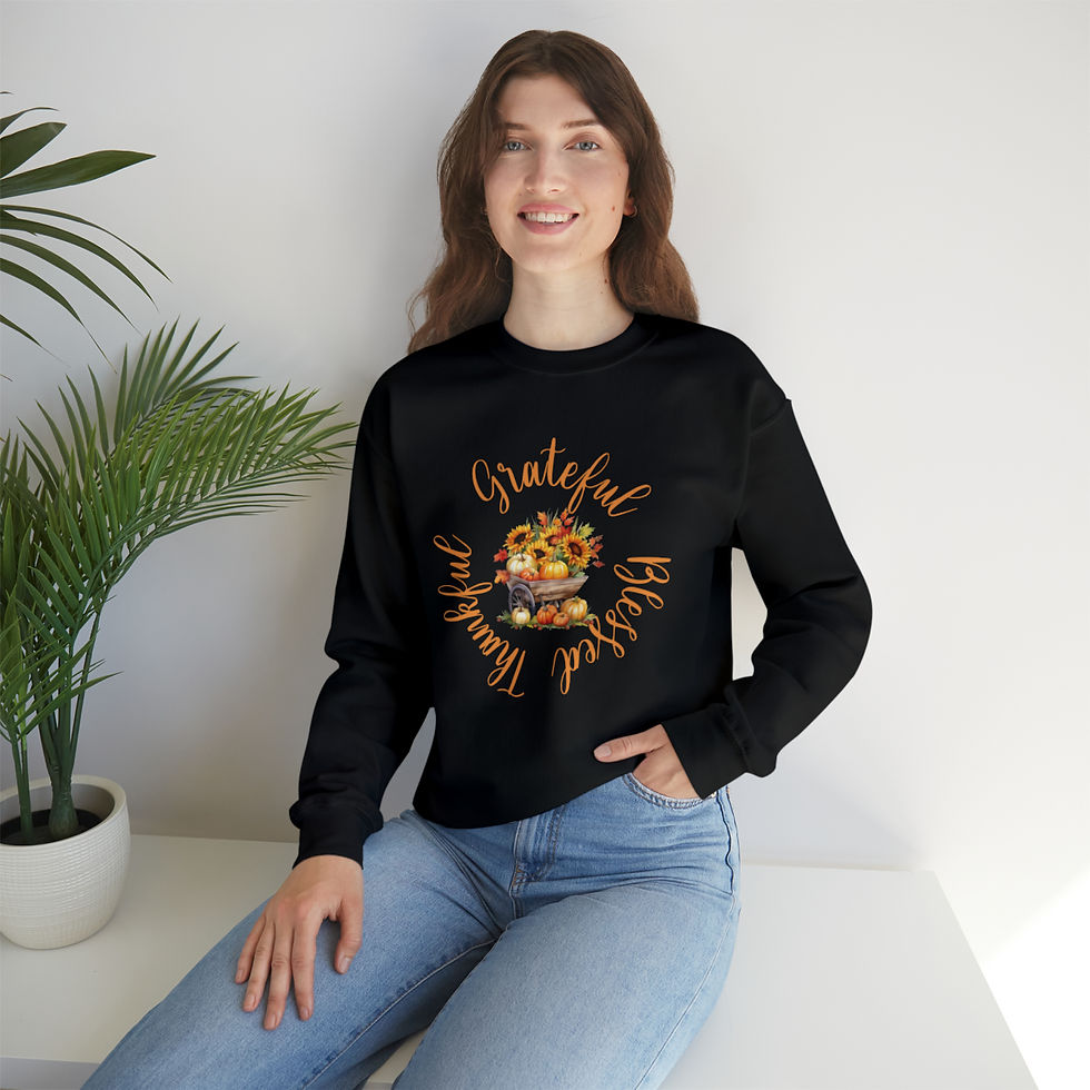 Thumbnail: Thankful, Grateful, Blessed Sunflower & Pumpkin Cart Unisex Crewneck Sweatshirt