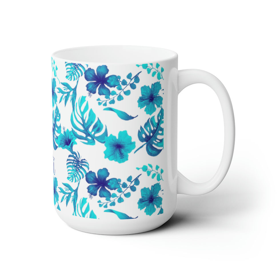 Thumbnail: Tropical Hibiscus Teal Personalized 15 Ounce Ceramic Mug 