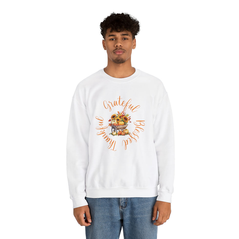Thumbnail: Thankful, Grateful, Blessed Sunflower & Pumpkin Cart Unisex Crewneck Sweatshirt