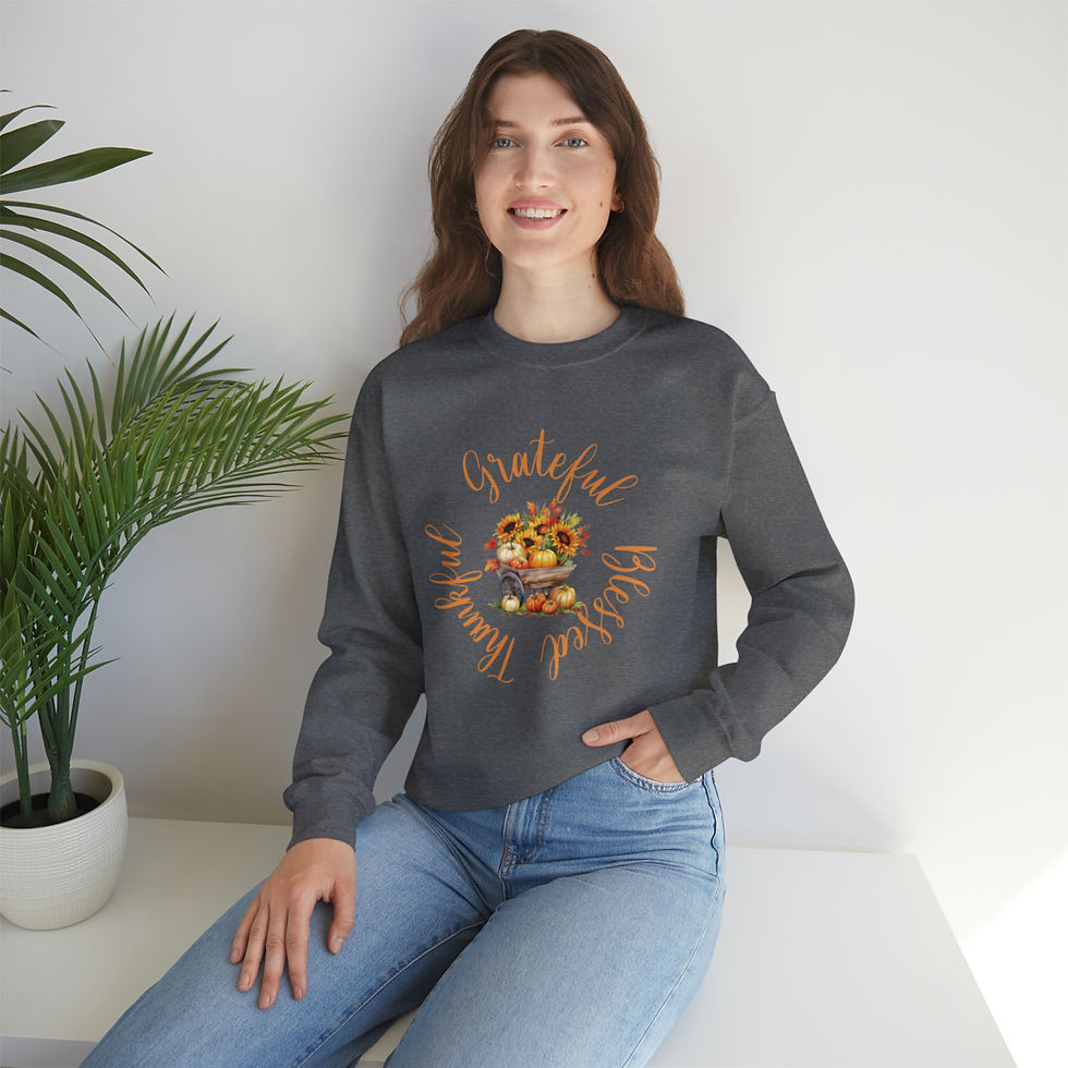 Thumbnail: Thankful, Grateful, Blessed Sunflower & Pumpkin Cart Unisex Crewneck Sweatshirt