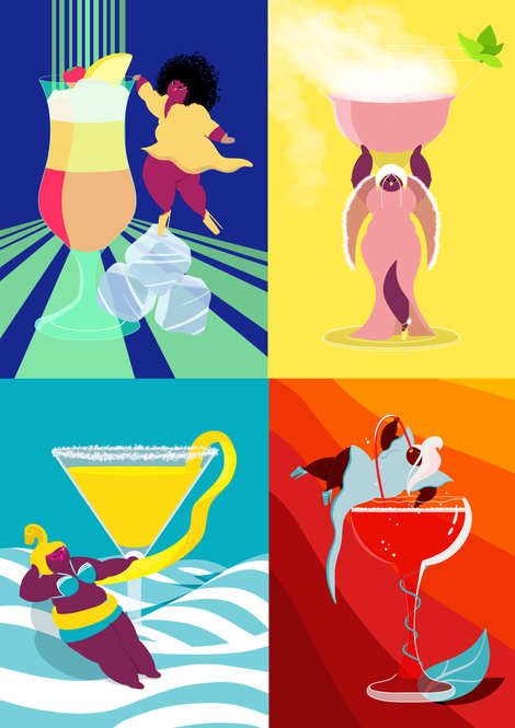Cocktail brand fun body positive illustration. Illustrated feminine campaign.