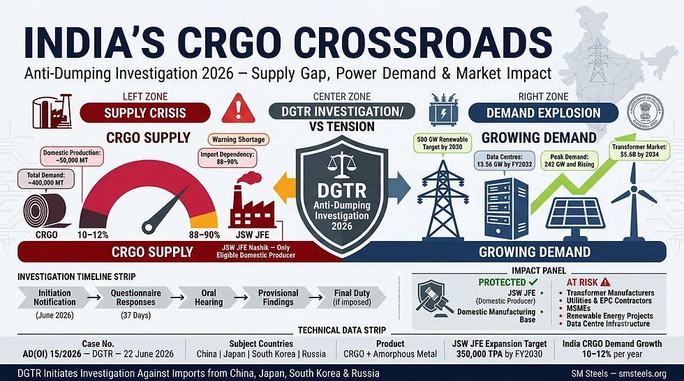 CRGO anti-dumping investigation India 2026 showing transformer manufacturing, electrical steel supply chain and DGTR market impact analysis