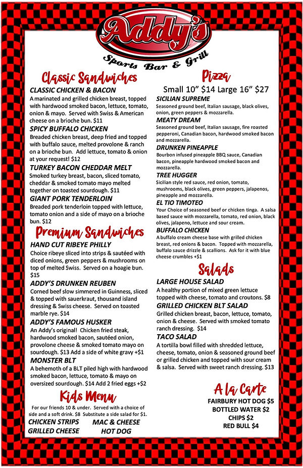 Addy's Capitol LIMITED MENU | Addy's Sports Bar