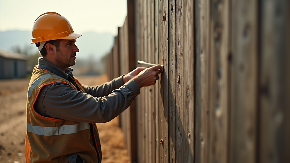 High angle view of a fence contractor measuring fence posts