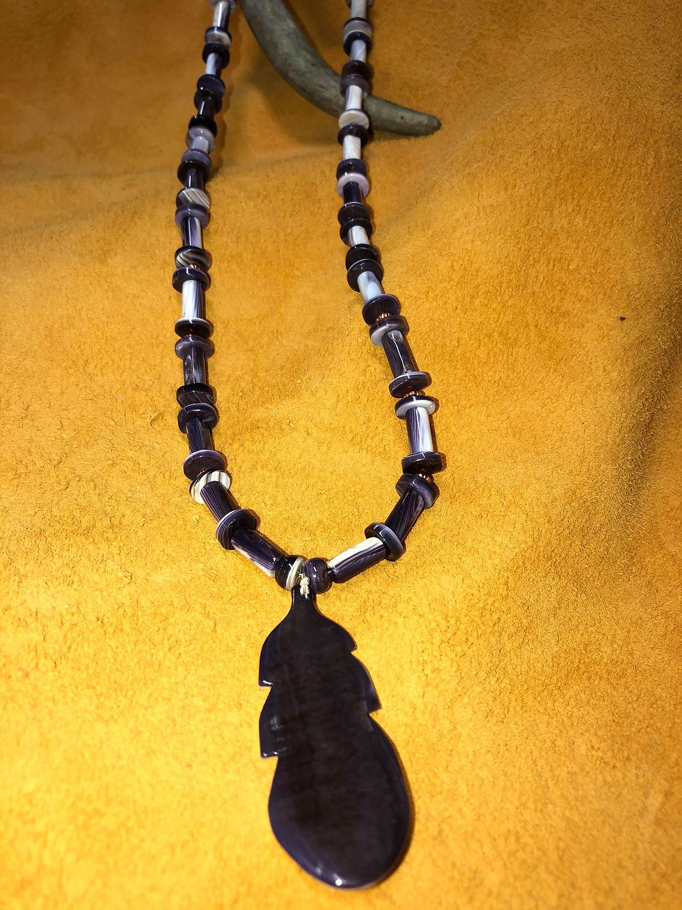 Thumbnail: Wampum and Copper Bead necklace, with Wampum Feather Pendant