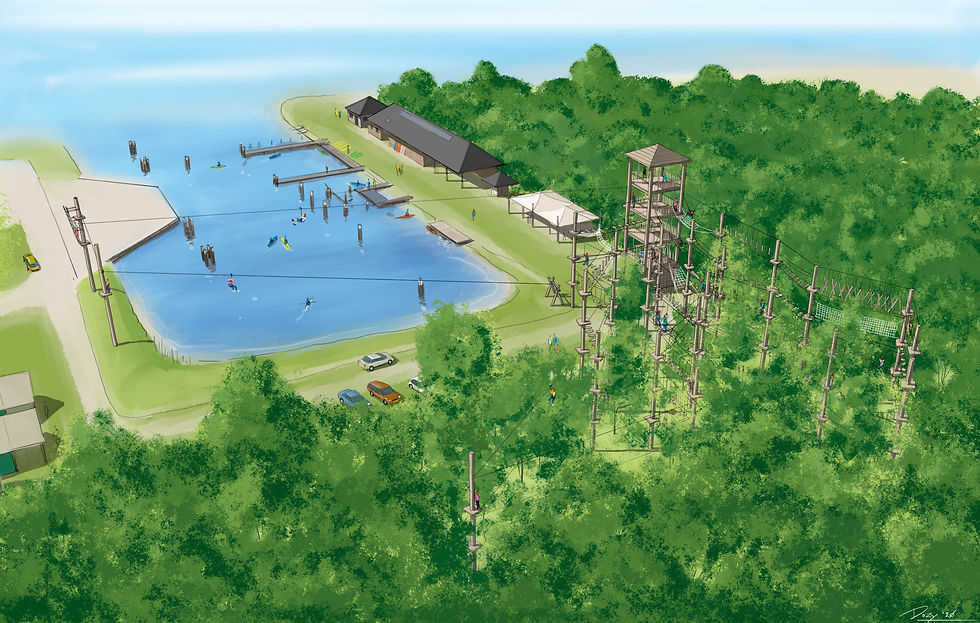 Impressie tekening van klimpark Zeeland: Kanoa.