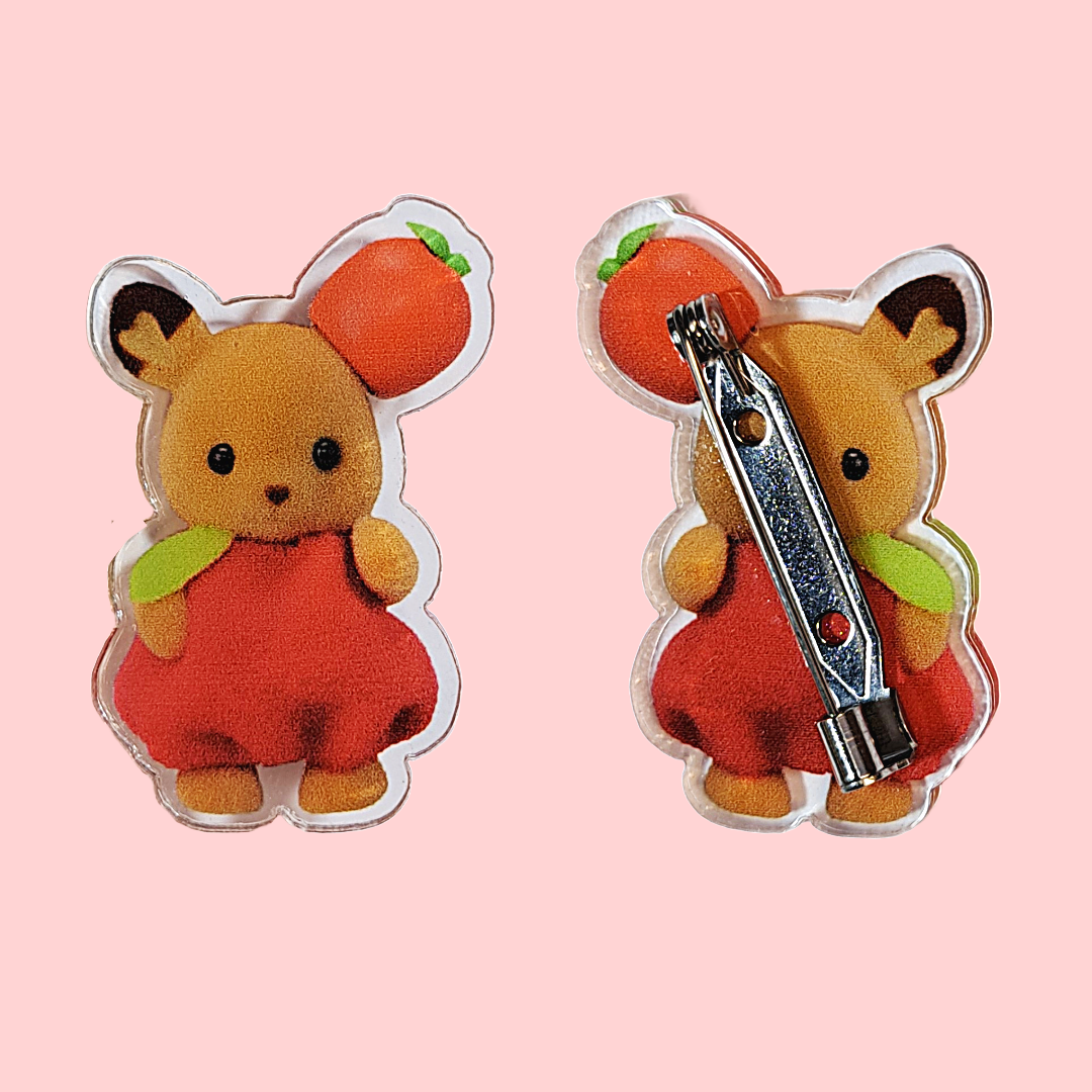 broche de acrílico coelho marrom com fantasia de maçã sylvanian families