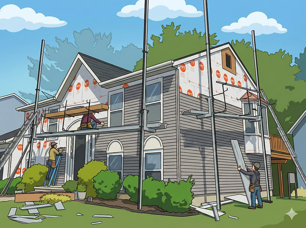 Siding Replacement Project - In Progress - JP Construction Services (image "cartoonized" via AI)