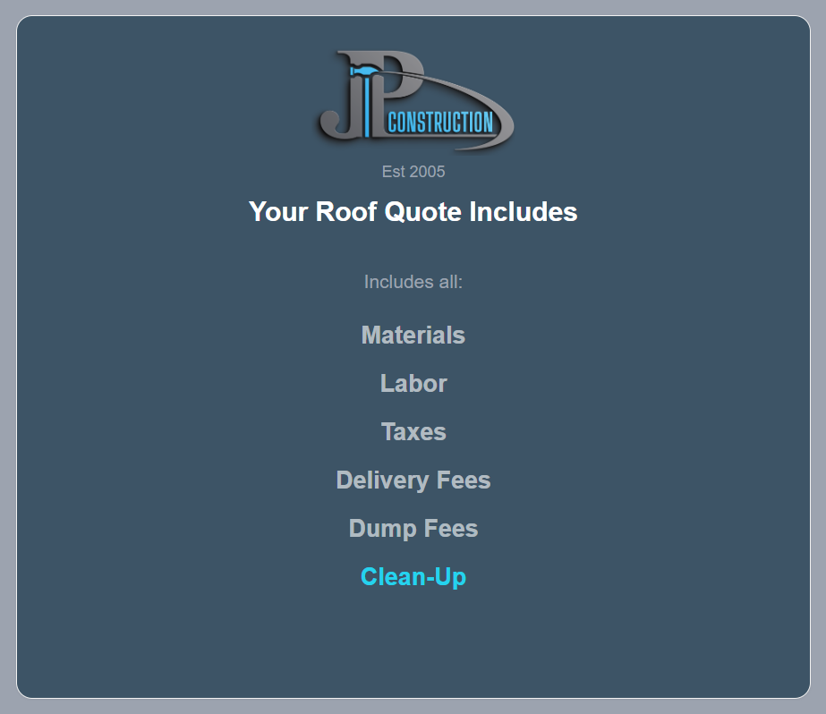 Screenshot of Roof Quote Calculator into page as it lists parts of what's included