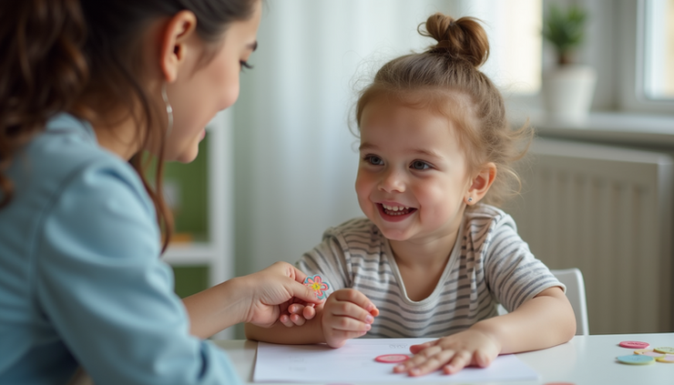 Eye-level view of a therapist using positive reinforcement with a child during a learning session