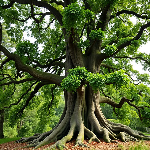 giant fully green leaved mother tree with parts of limbs and roots have intertwined with