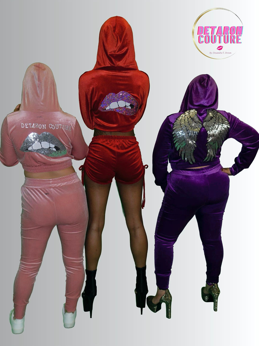 Thumbnail: Detaron pink bite lip Women's Velour Sweatsuits zip up hoodie and shorts