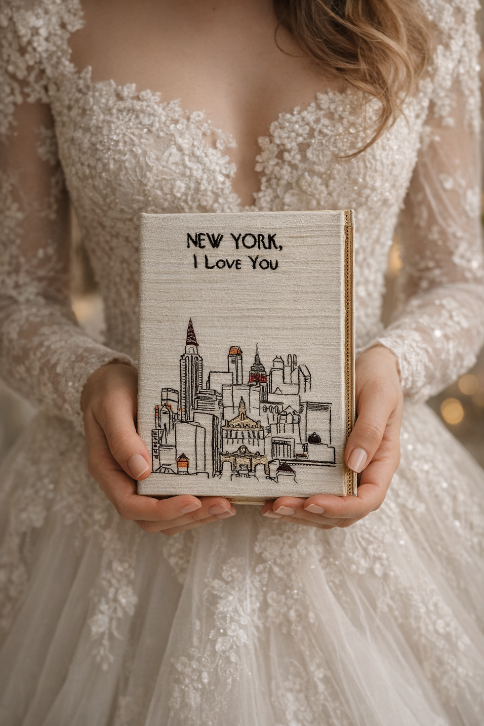 Thumbnail: Custom Personalized Embroidered Wedding Book Bag Clutch New York I Love You
