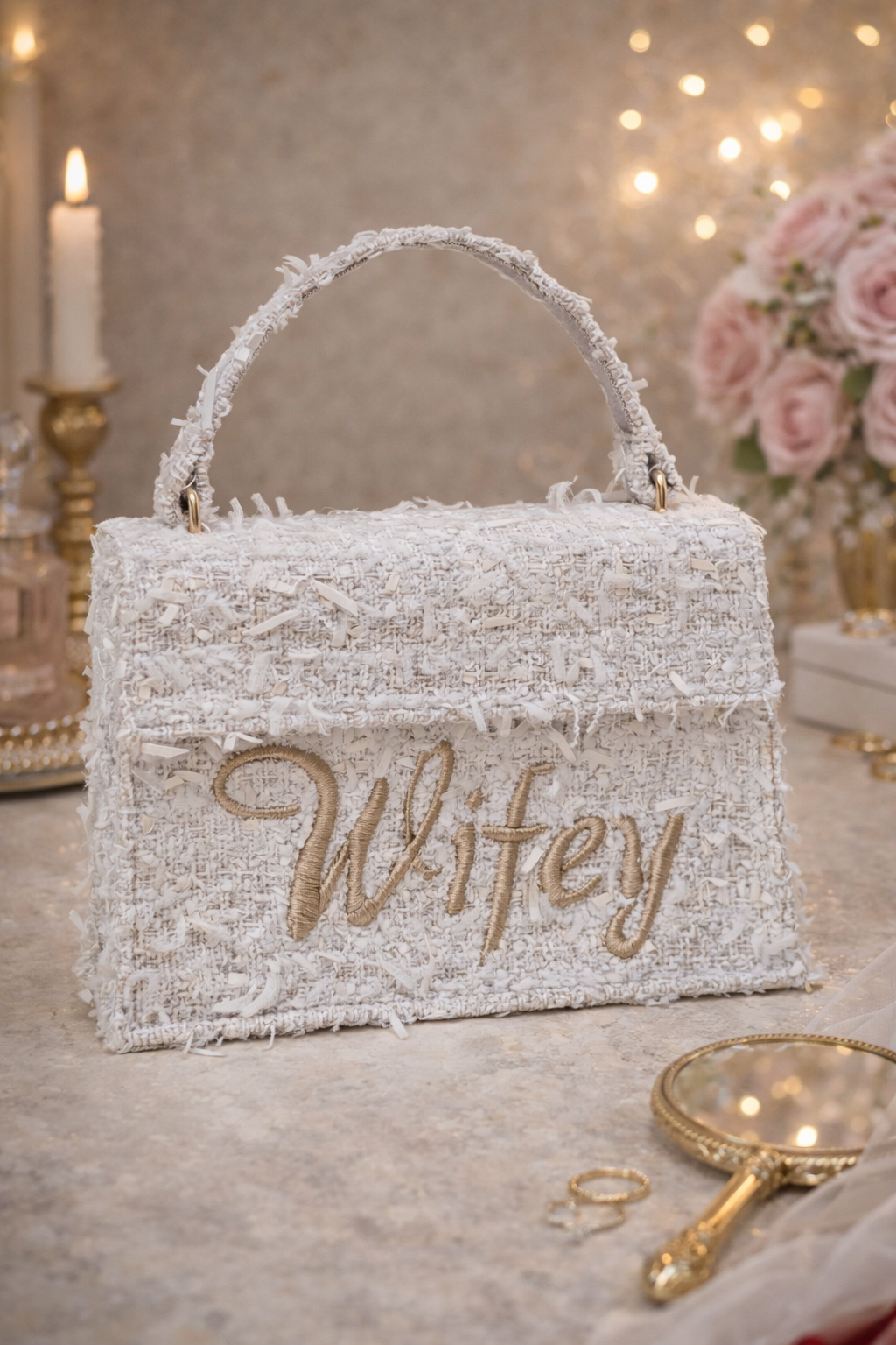 Handcrafted Boucle Handbag Featuring Bold “Wifey” Embroidery
