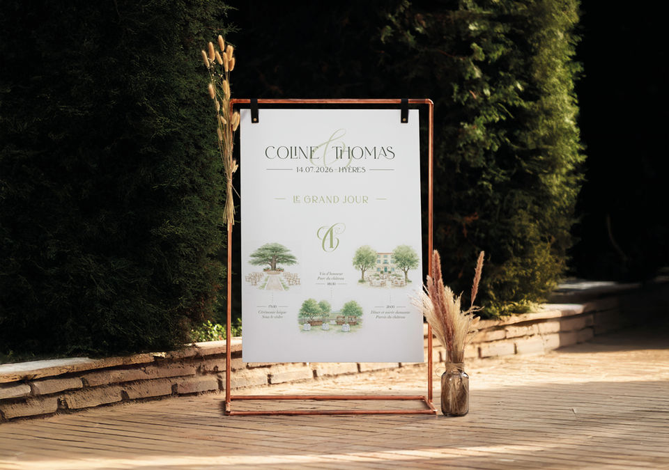 Panneau d’accueil de mariage en PVC, fixé sur une structure métallique pour guider les invités dès leur arrivée.