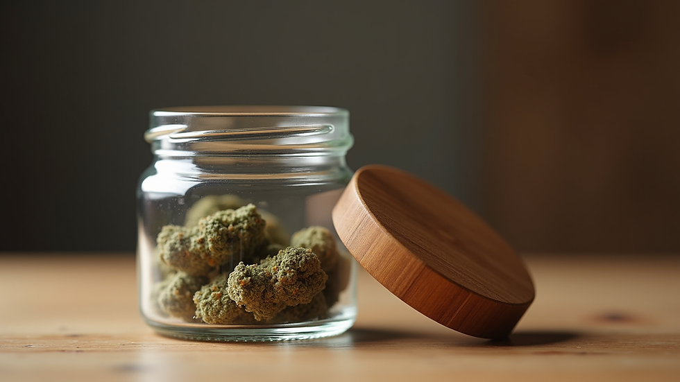 Close-up view of a smell-proof stash jar with a sealed lid on a wooden surface