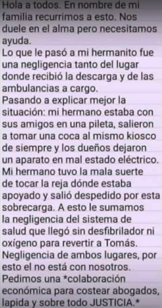 "Con mi hermanito hubo negligencia tanto del lugar donde recibió la descarga como de la ambulancia"