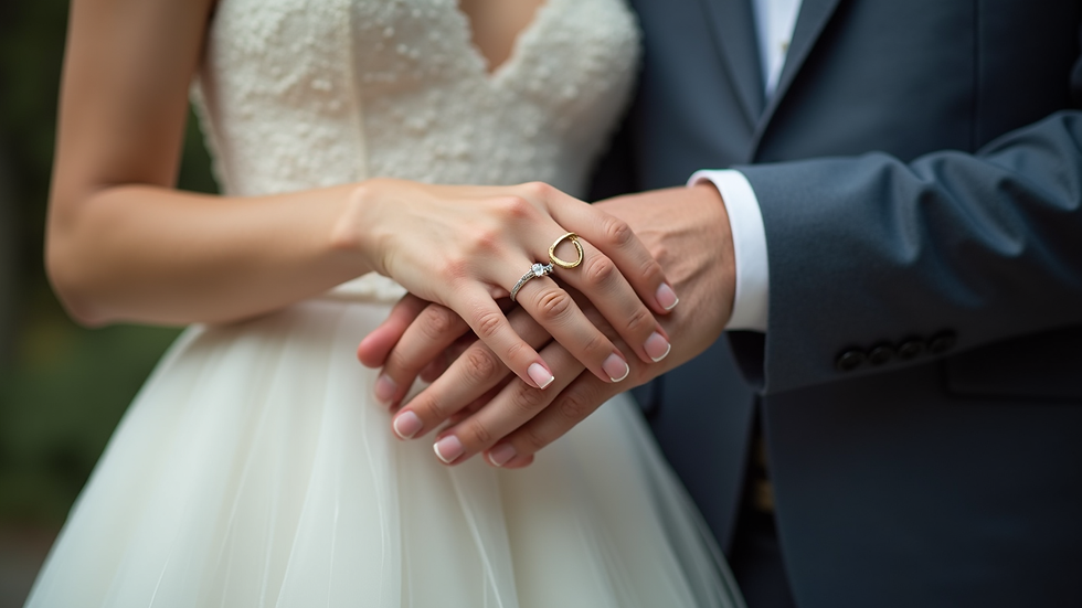 Close-up view of a bride and groom holding hands with wedding rings visible