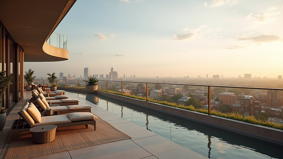 Wide angle view of a luxury hotel rooftop terrace overlooking Johannesburg cityscape