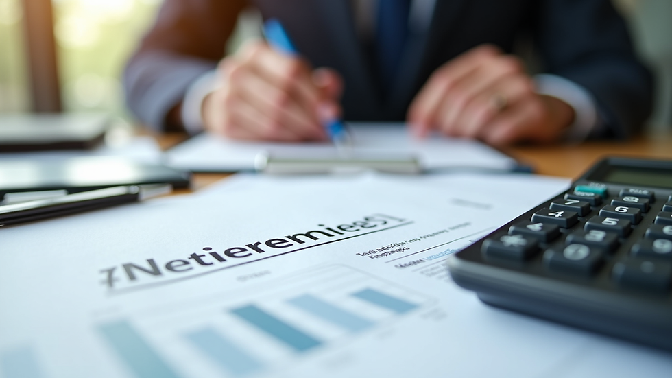 Eye-level view of a financial planner’s desk with retirement documents and calculator