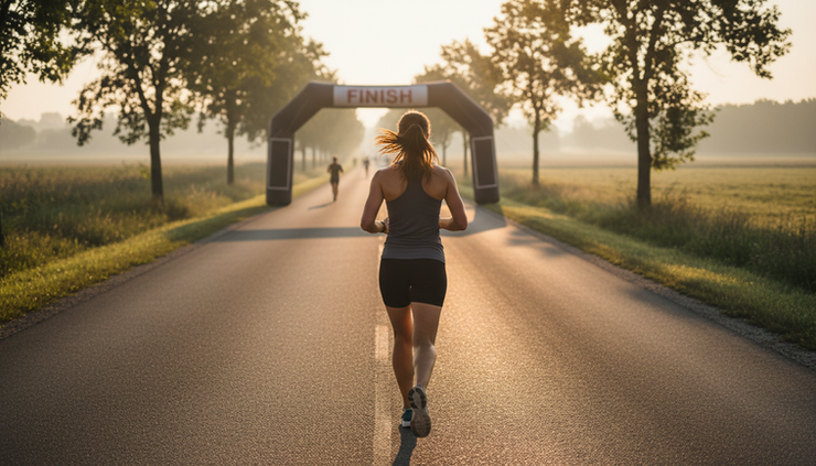Rear view of a woman running towards a race finish line on a quiet road.