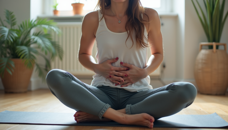 Eye-level view of a woman holding her stomach in discomfort while sitting on a yoga mat