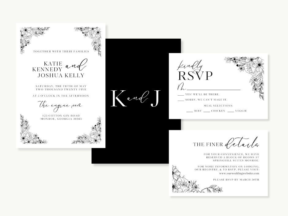Wedding invitation templates that will save you thousands on wedding invitations, simple floral illustration wedding invitation for black and white wedding