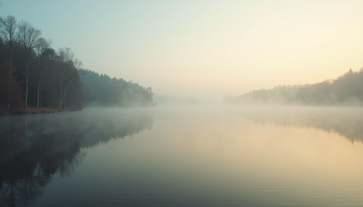 Eye-level view of a quiet lakeside at dawn with soft mist rising from the water