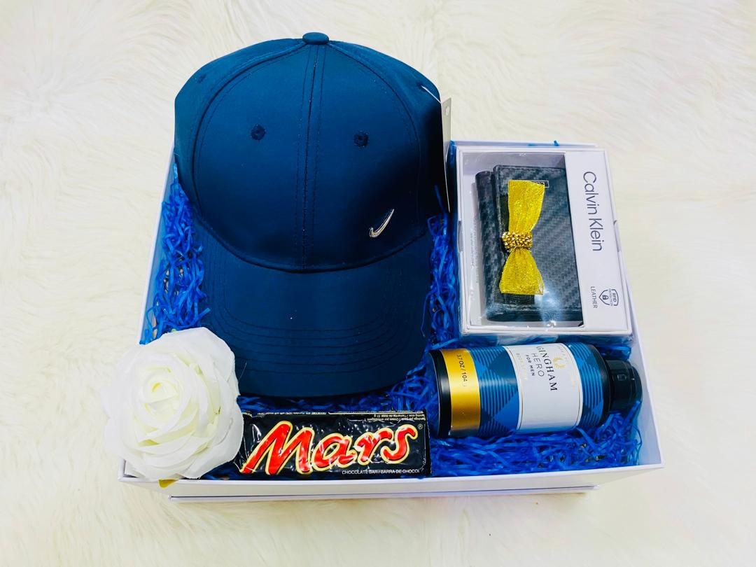 Men’s cap, BBW Men body spray and Calvin Klein Wallet for Him with chocolate