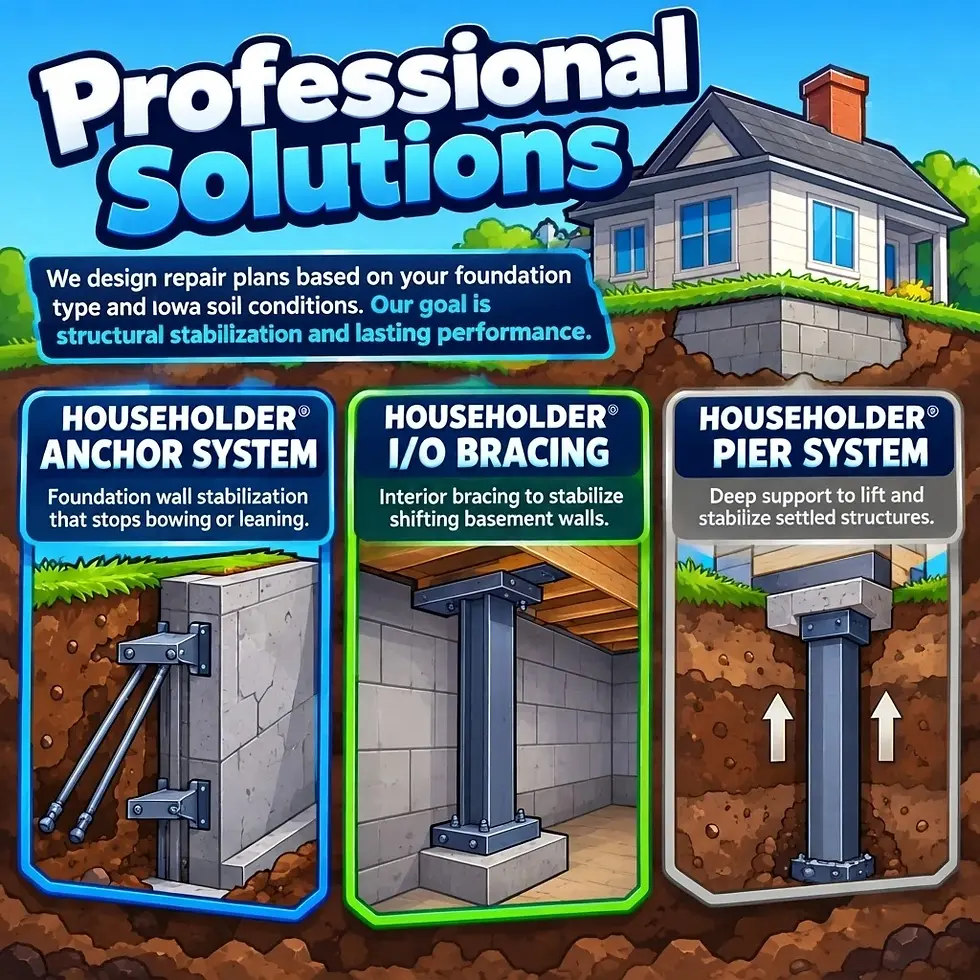 Digital illustration of foundation repair solutions, explaining the Anchor System, I/O Bracing, and Pier System for structural stabilization.